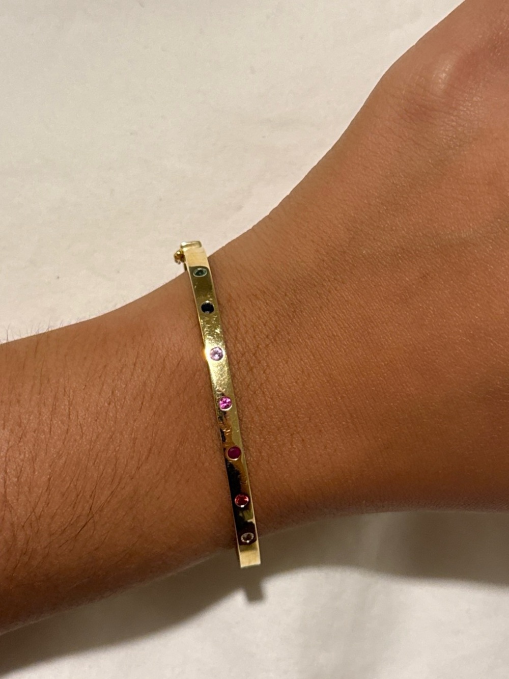 14k solid Gold bangle with natural sapphires. Diamond, emerald, ruby, sapphires